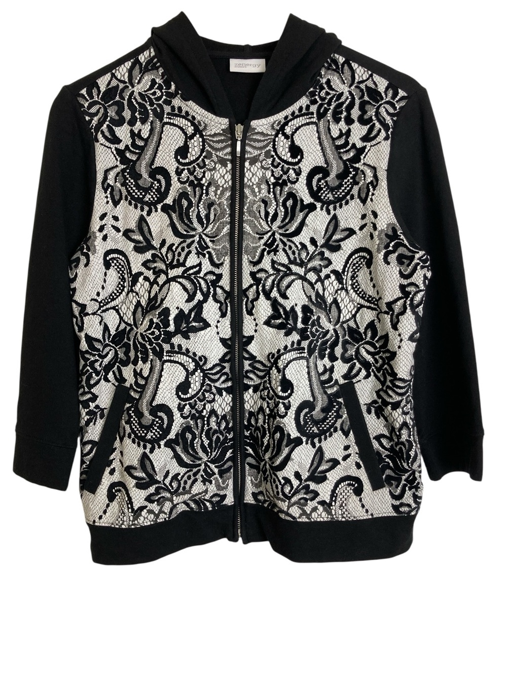Chico's Zenergy Lace Print Knit Stretch Hooded Jacket, Size M